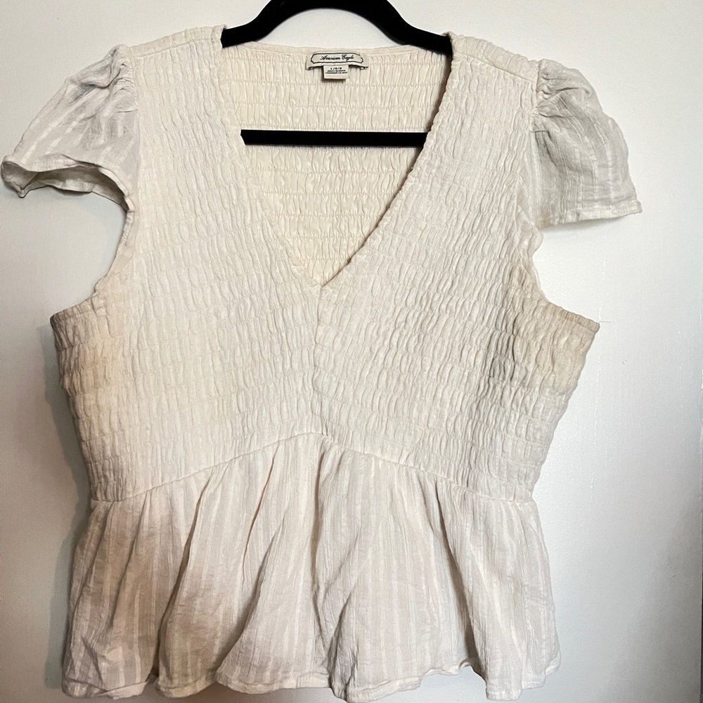 American Eagle Outfitters Cream Smocked V-Neck Peplum Blouse